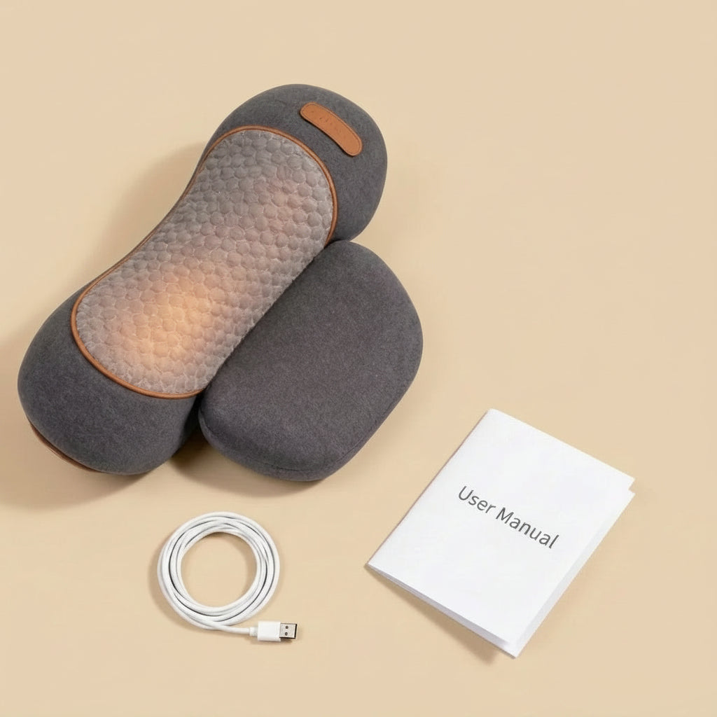 Gray massage pillow with USB cable and user manual on a beige background