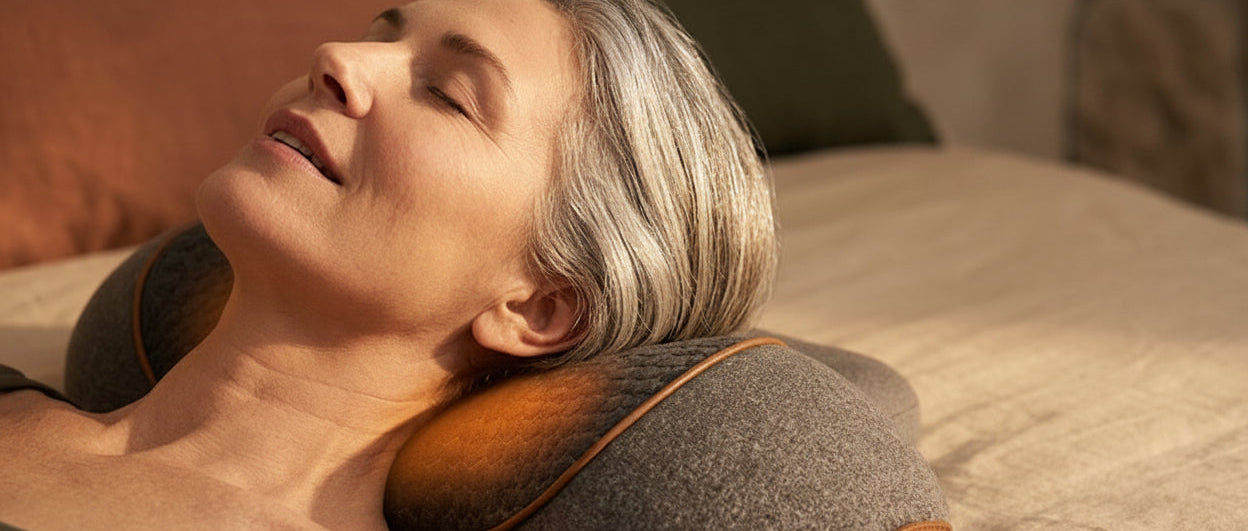 Woman using a neck massager on a bed