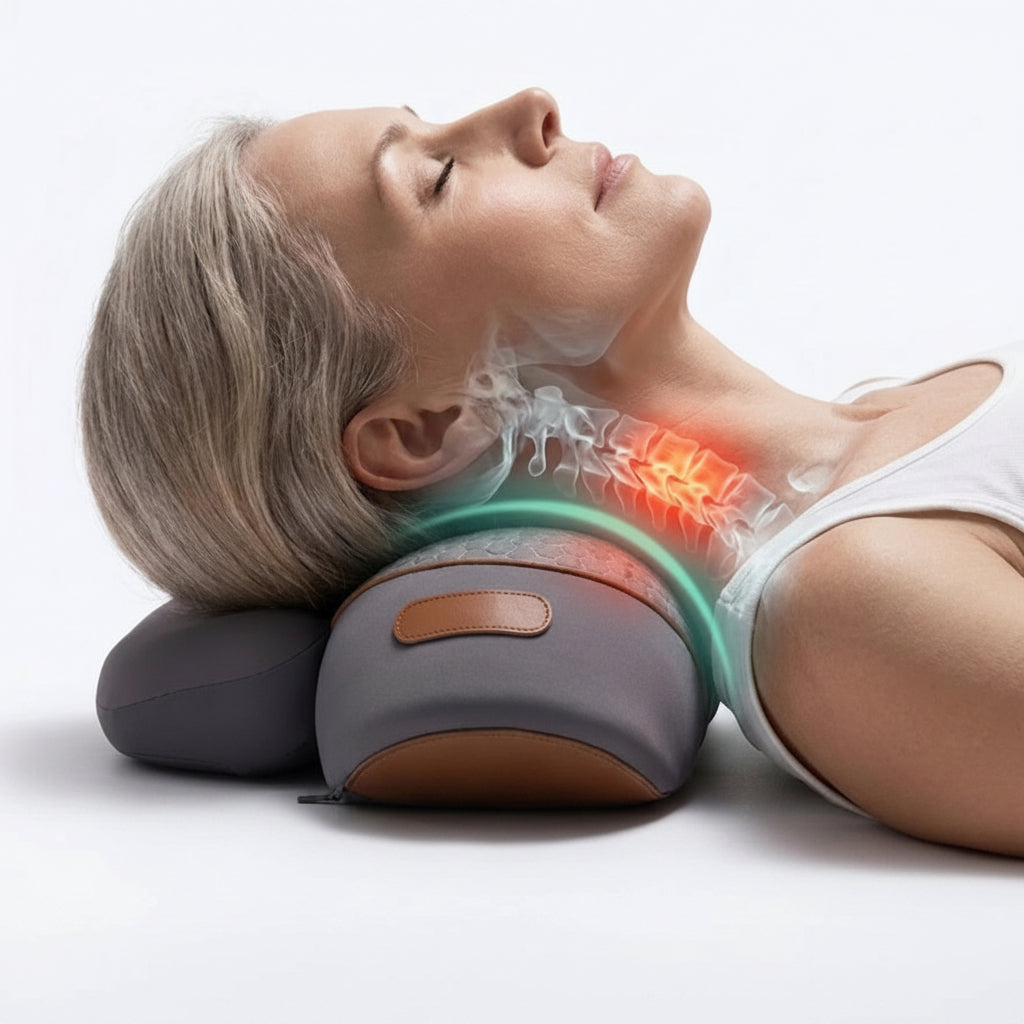Person using a neck massager with glowing red and green lights on a white background
